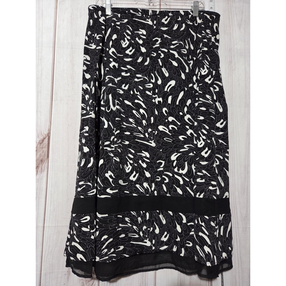 Requirements Womens Black White Abstract Print Midi Skirt Sheer Hem Size 14